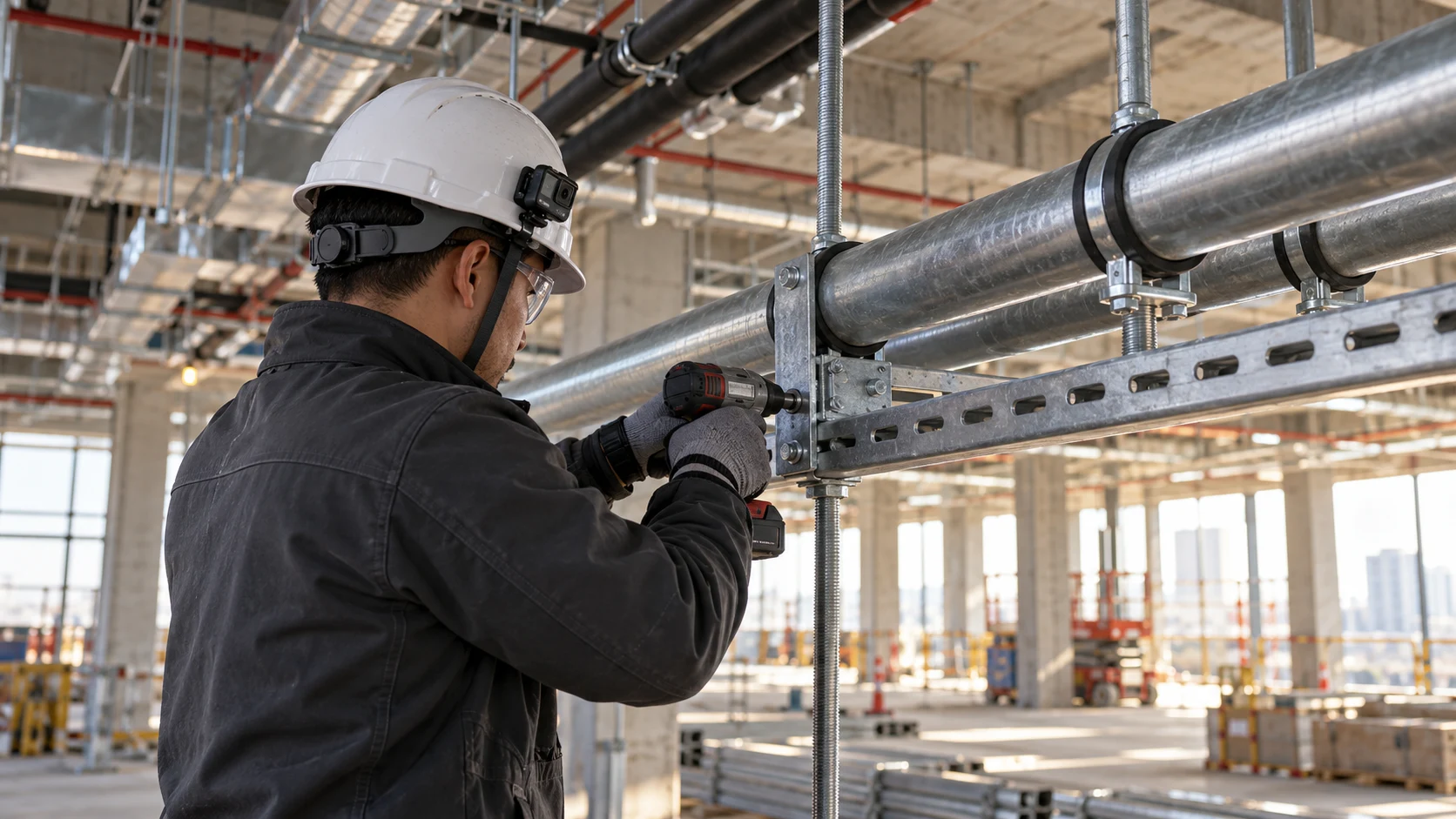 Illustrative MEP technician with a visible helmet camera working on a support assembly